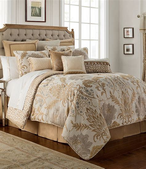 Waterford bedding - Item #20305194. From the Ruffino Collection by Waterford, this comforter set features: The four-piece set includes a comforter, two pillow shams, and a tan box pleat bed skirt trimmed with a jacquard border. Features a pucker medallion jacquard in gold and shades of ivory and tan. Pucker in the ground enhances the dimension and the beautiful ... 